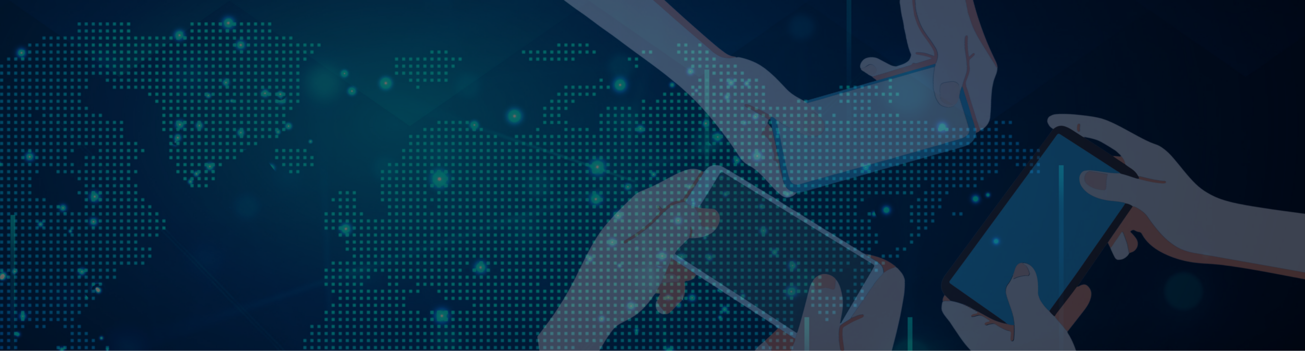 Dark blue banner with children hands holding digital devices.